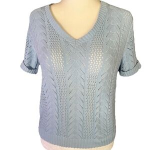 Vogue Light Blue Knit V-Neck Short Sleeve Top M